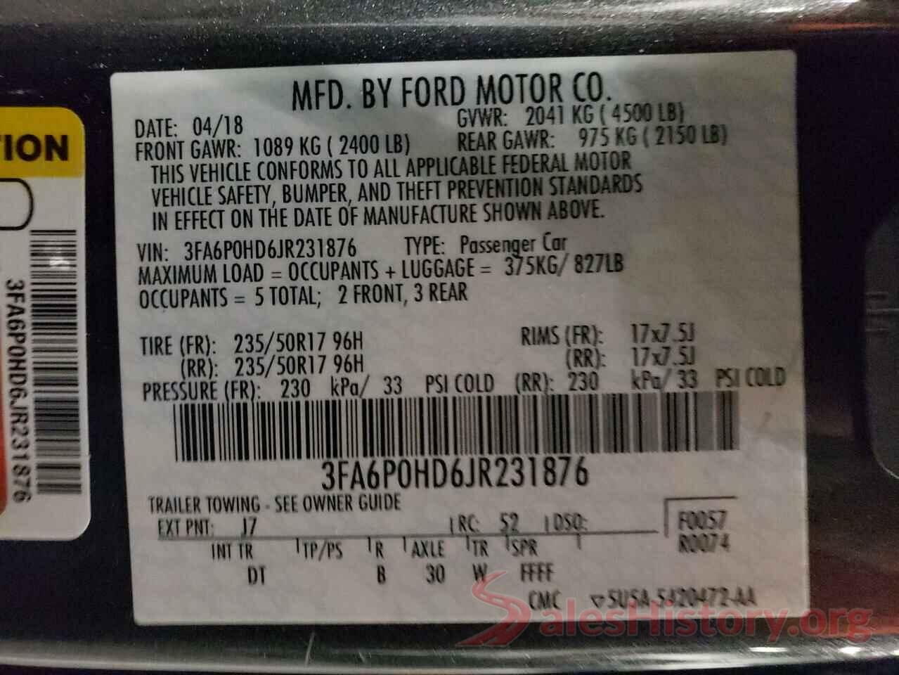 3FA6P0HD6JR231876 2018 FORD FUSION