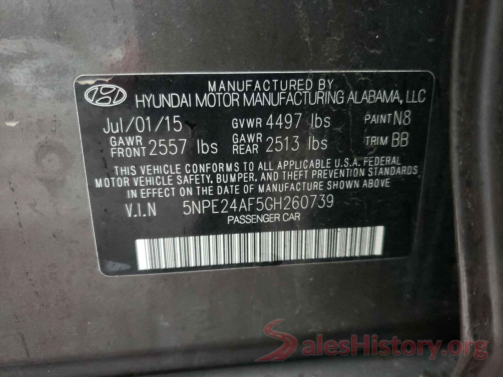 5NPE24AF5GH260739 2016 HYUNDAI SONATA