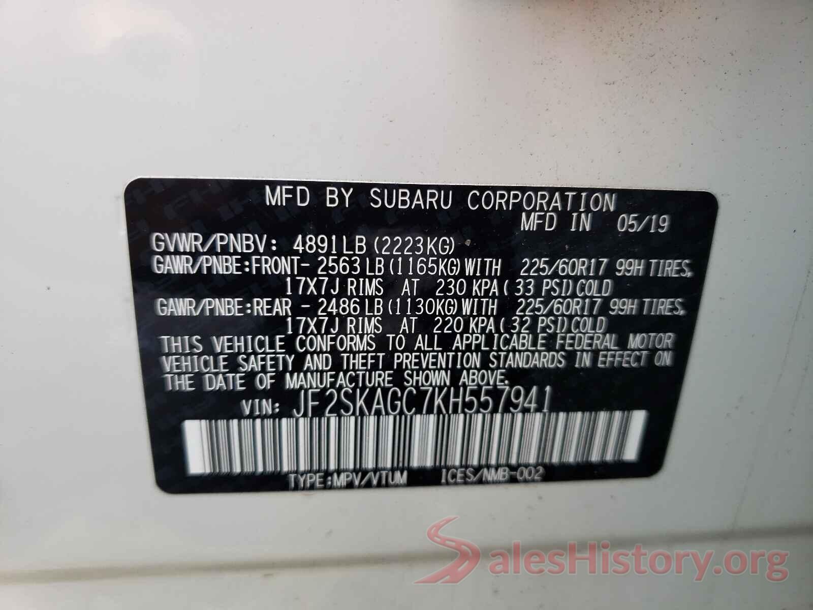 JF2SKAGC7KH557941 2019 SUBARU FORESTER