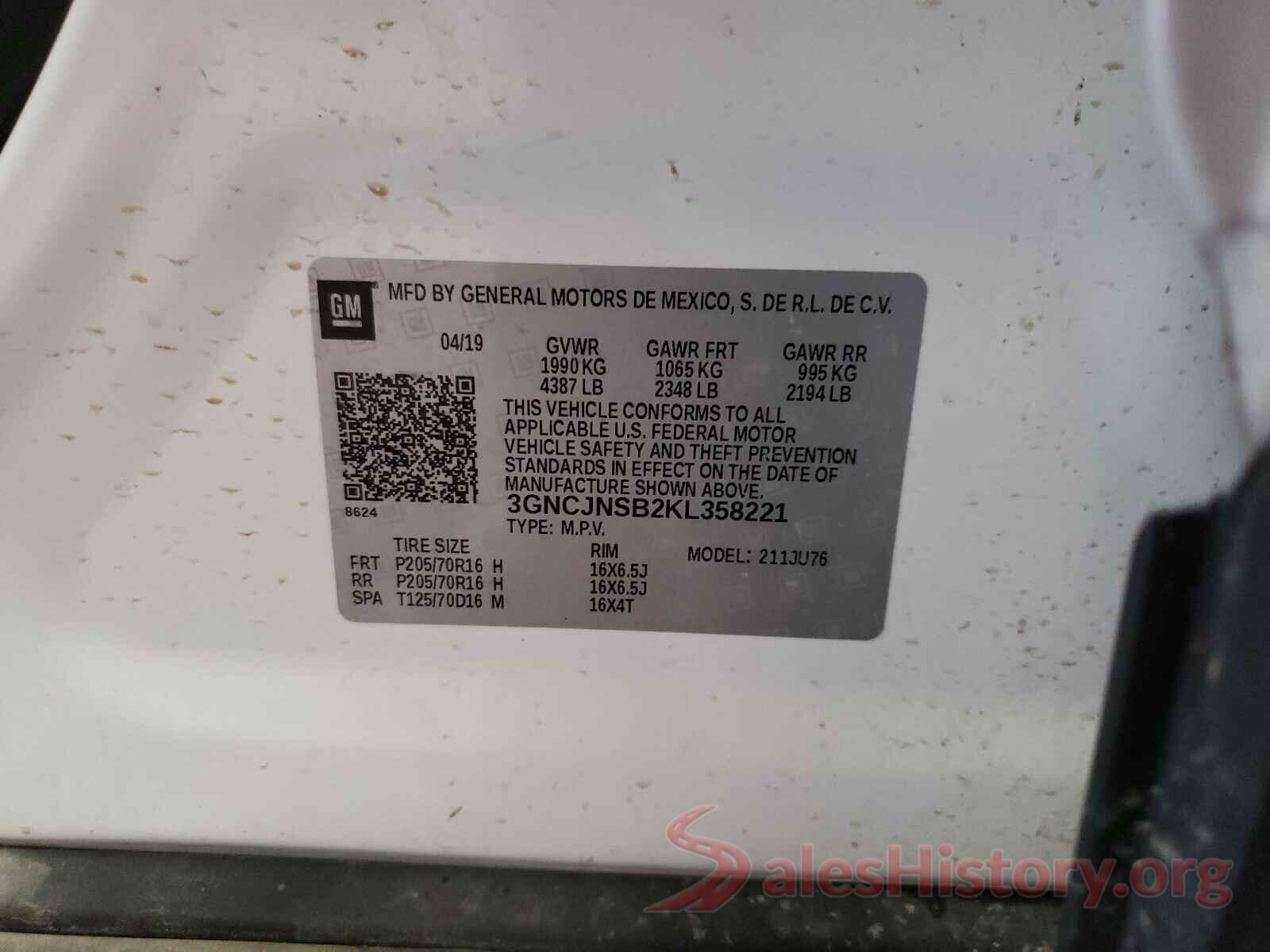 3GNCJNSB2KL358221 2019 CHEVROLET TRAX