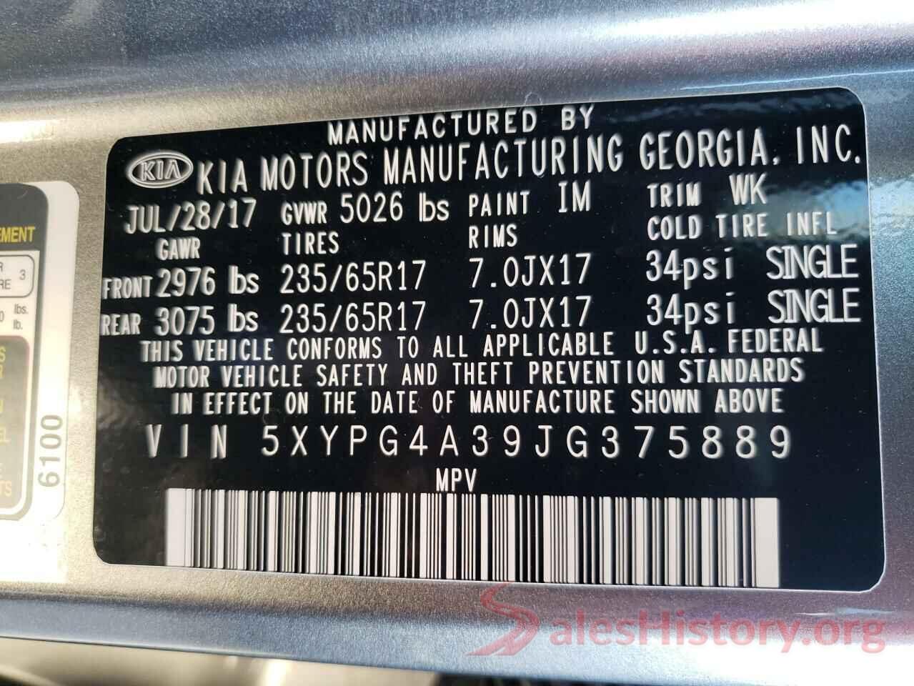 5XYPG4A39JG375889 2018 KIA SORENTO