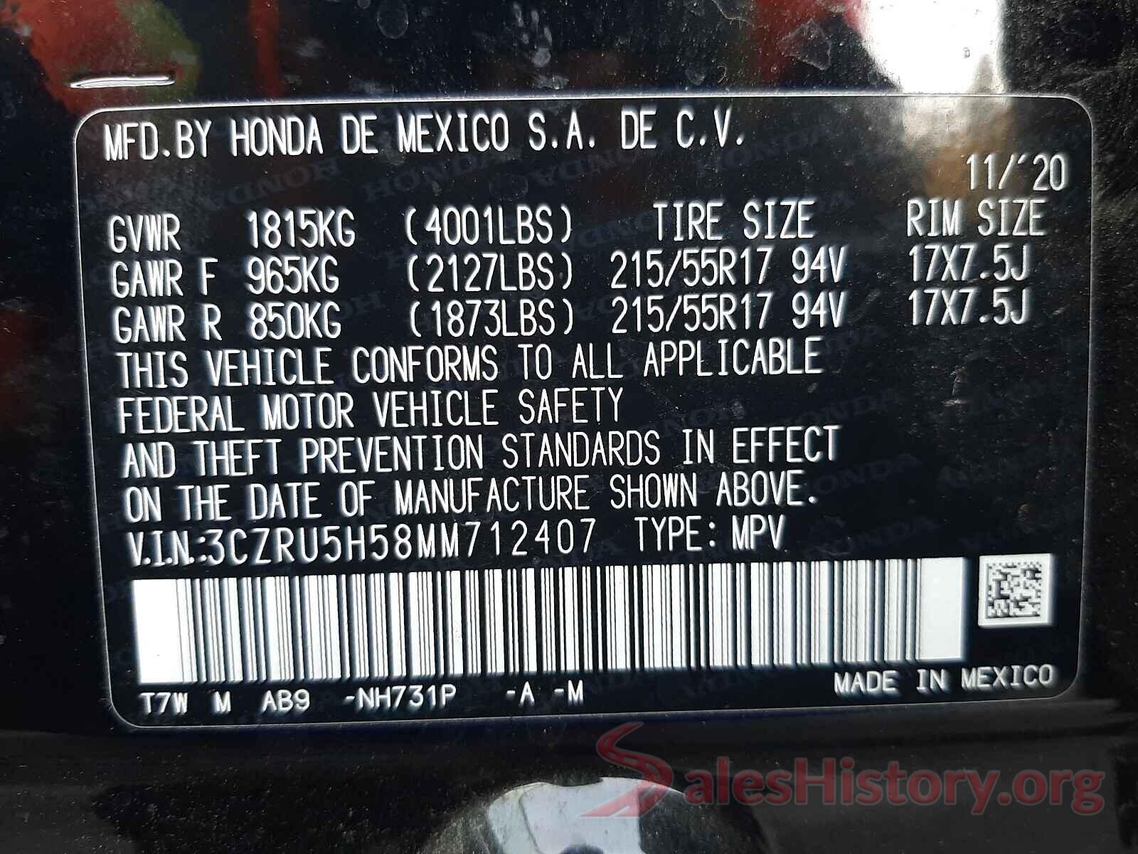 3CZRU5H58MM712407 2021 HONDA HR-V