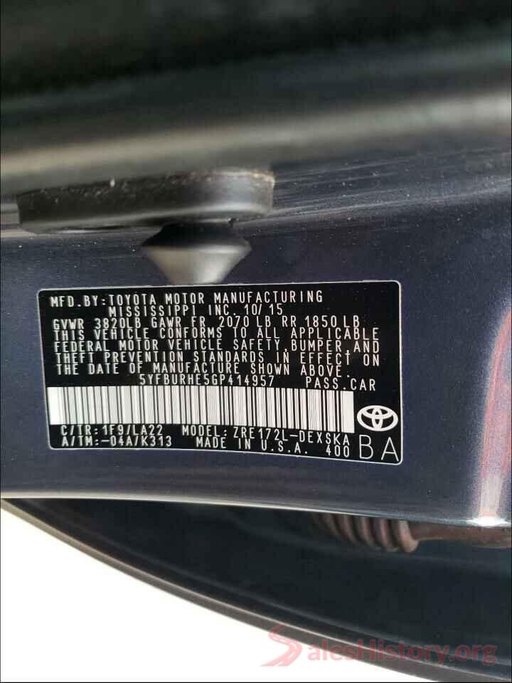 5YFBURHE5GP414957 2016 TOYOTA COROLLA