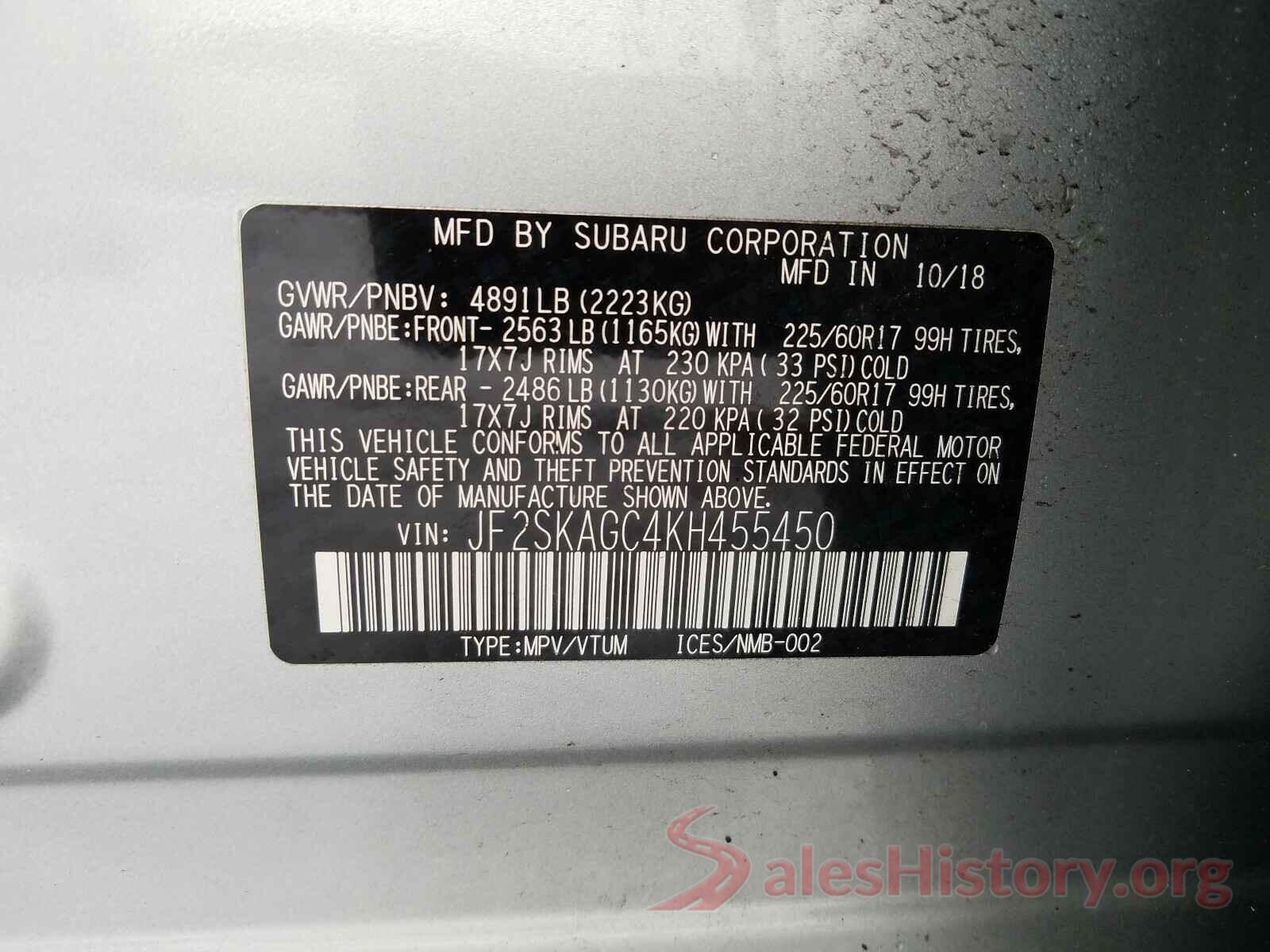 JF2SKAGC4KH455450 2019 SUBARU FORESTER