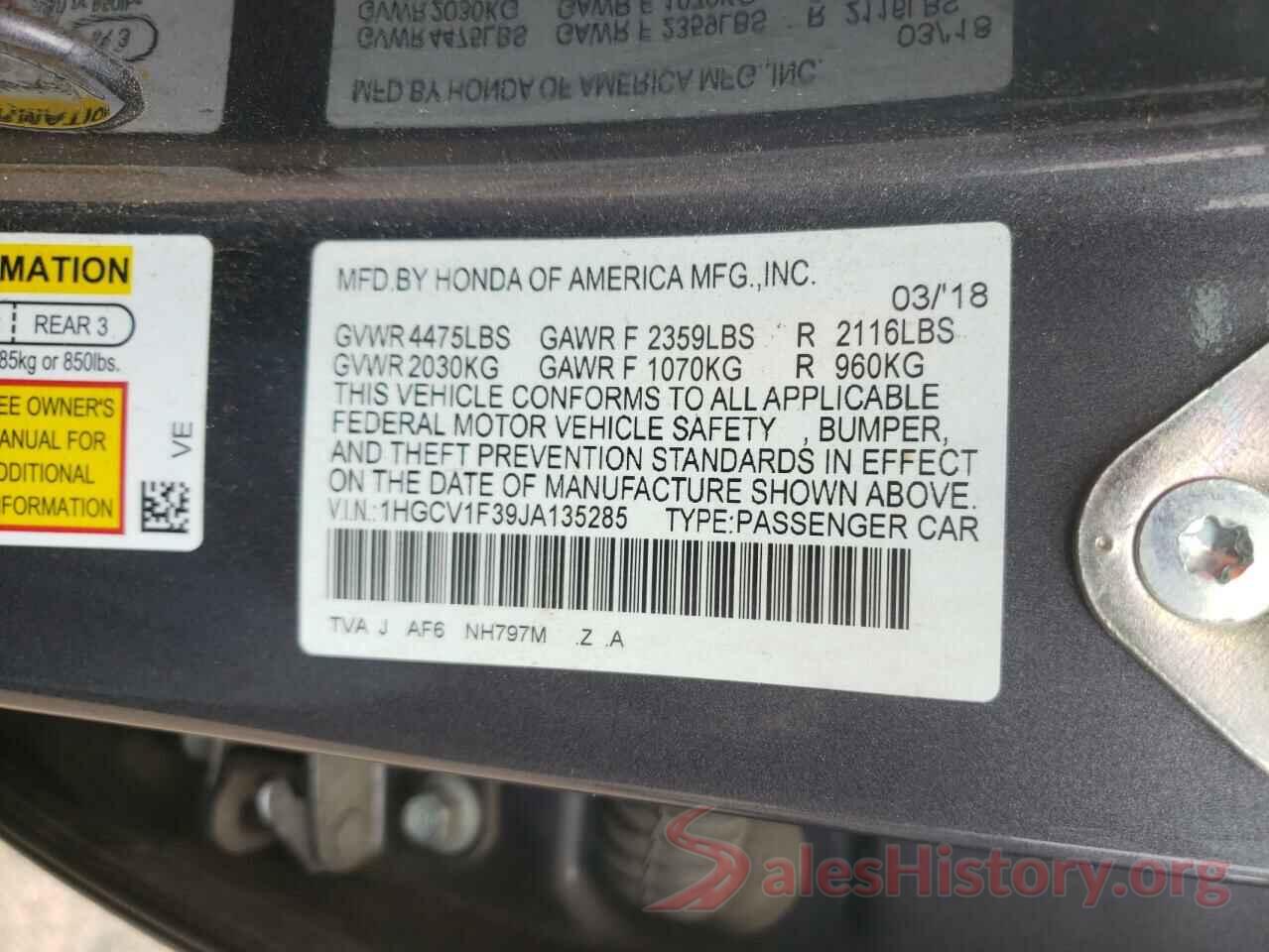 1HGCV1F39JA135285 2018 HONDA ACCORD