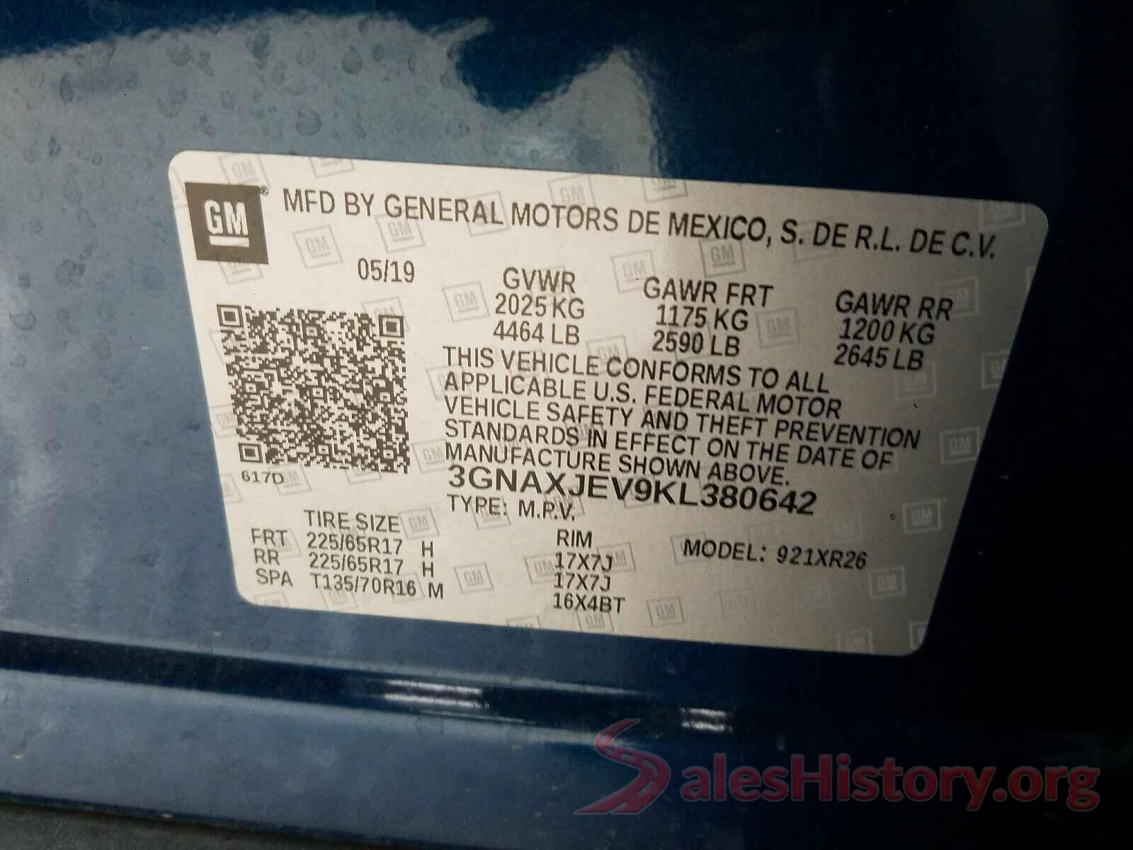 3GNAXJEV9KL380642 2019 CHEVROLET EQUINOX