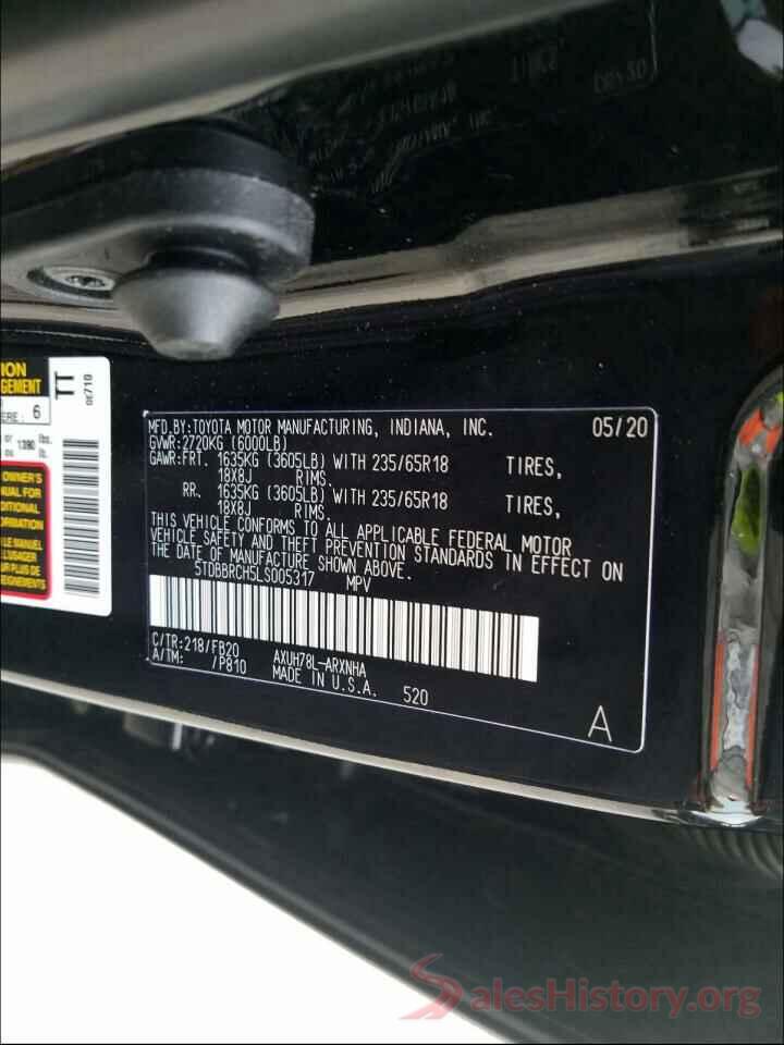 5TDBBRCH5LS005317 2020 TOYOTA HIGHLANDER