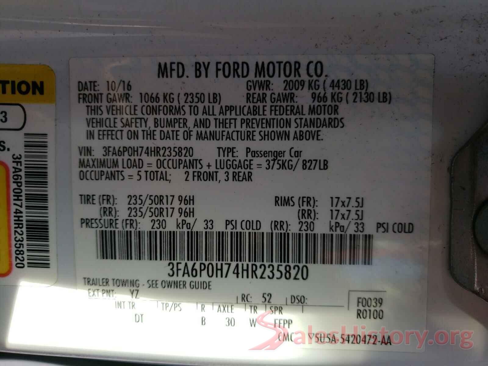 3FA6P0H74HR235820 2017 FORD FUSION