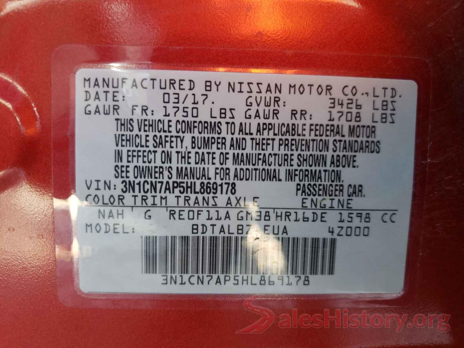 3N1CN7AP5HL869178 2017 NISSAN VERSA