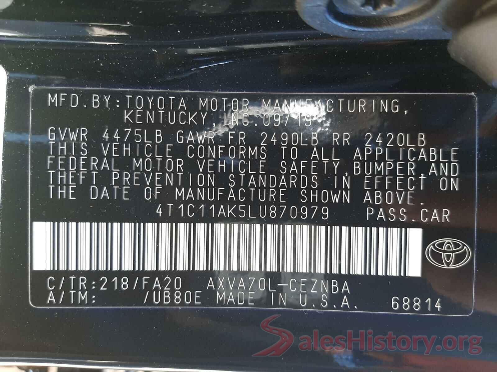 4T1C11AK5LU870979 2020 TOYOTA CAMRY