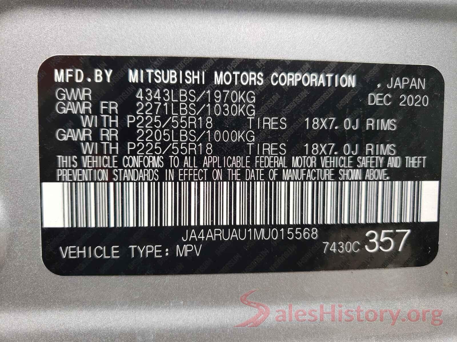 JA4ARUAU1MU015568 2021 MITSUBISHI OUTLANDER