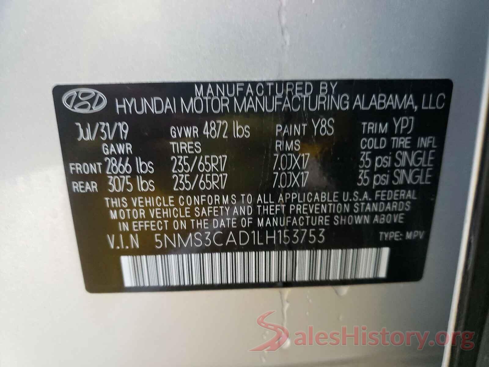 5NMS3CAD1LH153753 2020 HYUNDAI SANTA FE