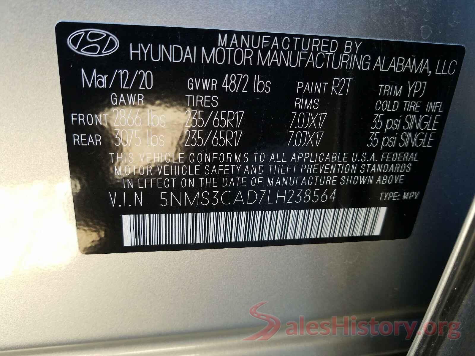 5NMS3CAD7LH238564 2020 HYUNDAI SANTA FE