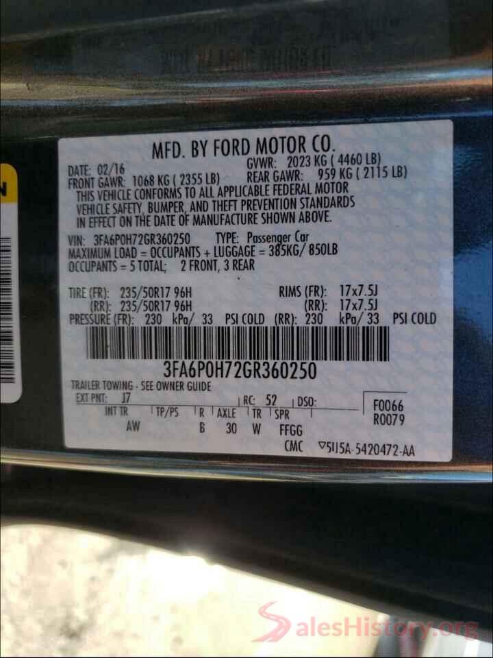 3FA6P0H72GR360250 2016 FORD FUSION