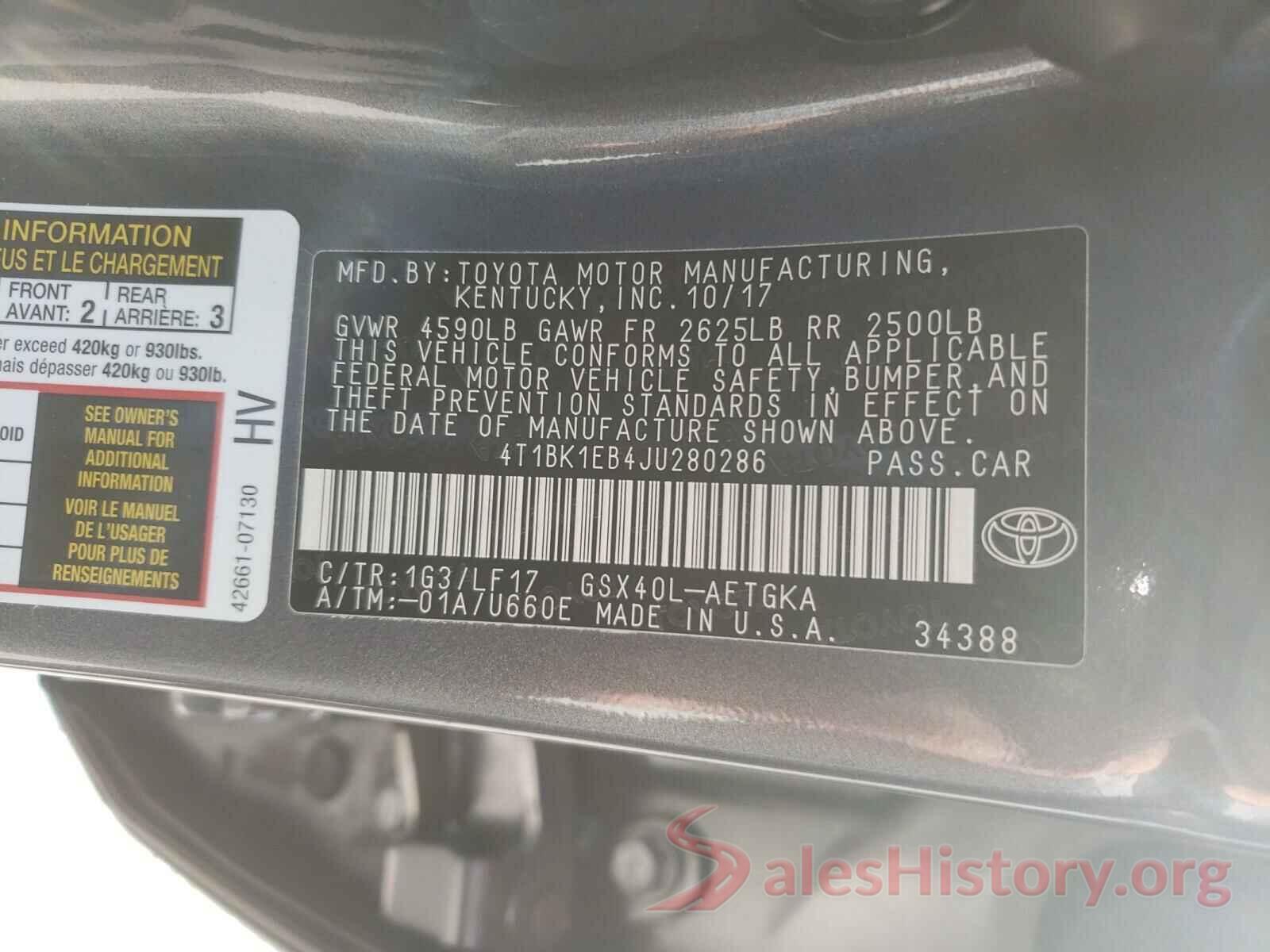 4T1BK1EB4JU280286 2018 TOYOTA AVALON