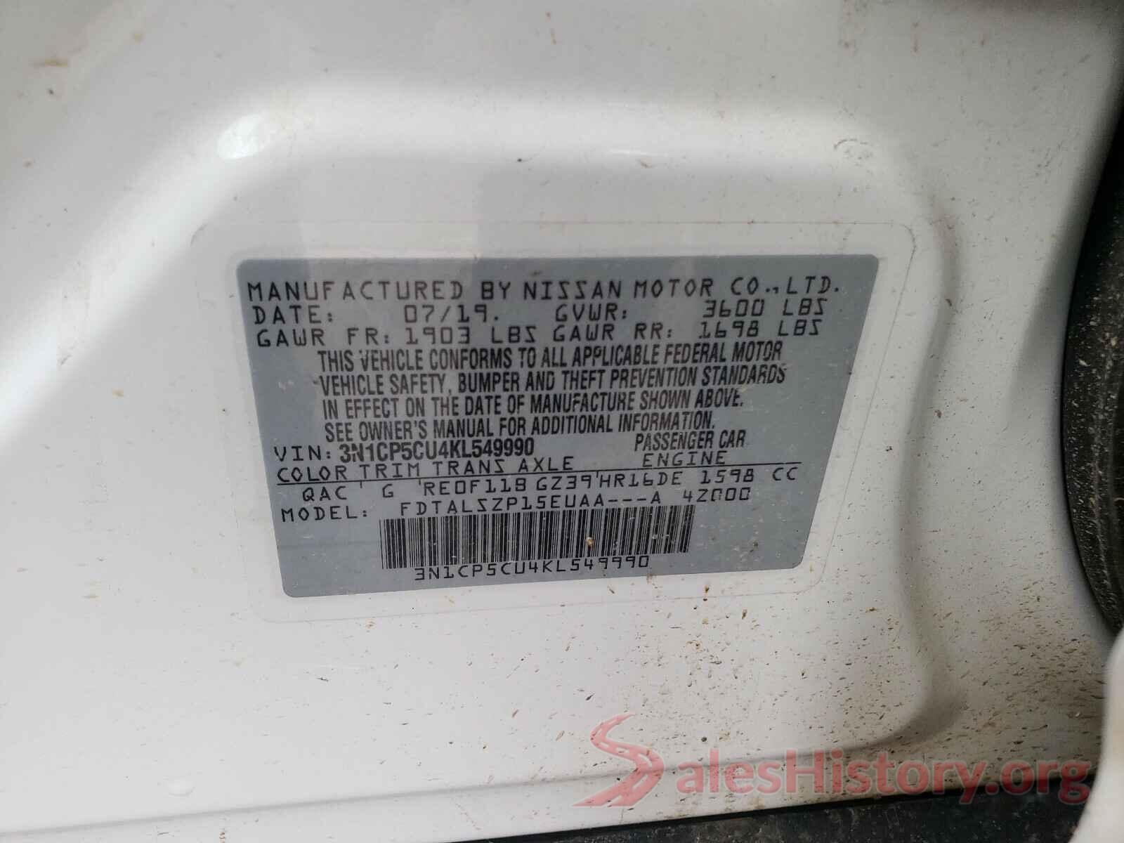 3N1CP5CU4KL549990 2019 NISSAN KICKS