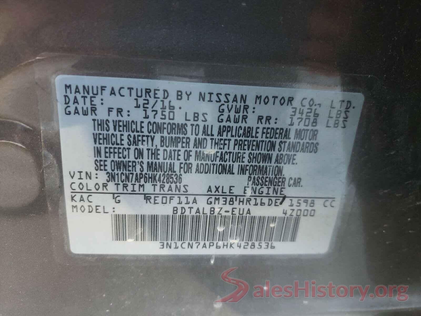 3N1CN7AP6HK428536 2017 NISSAN VERSA