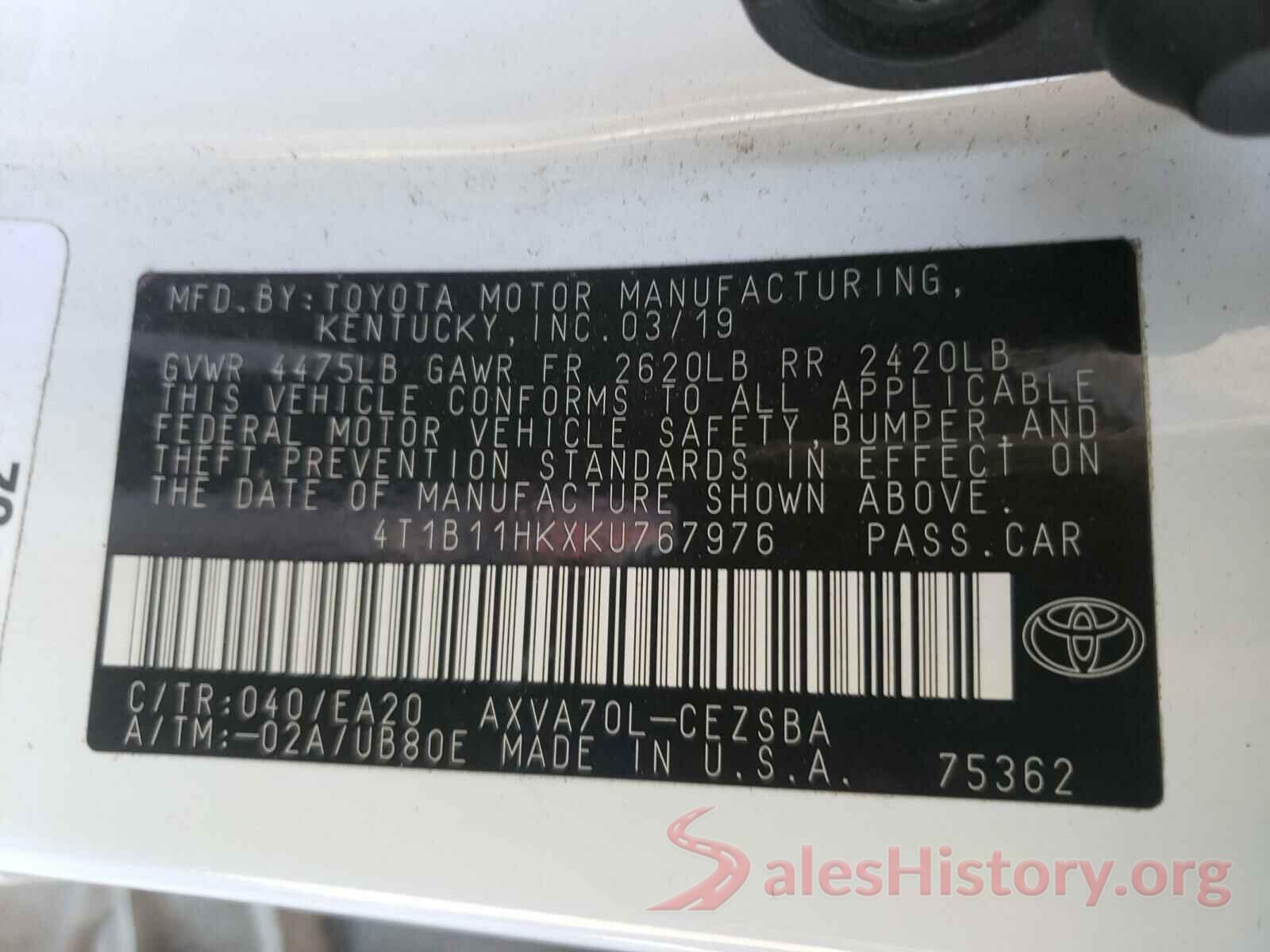 4T1B11HKXKU767976 2019 TOYOTA CAMRY