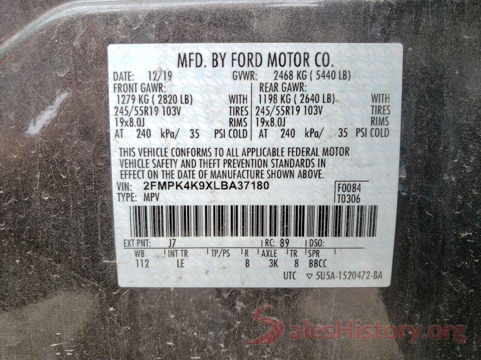 2FMPK4K9XLBA37180 2020 FORD EDGE