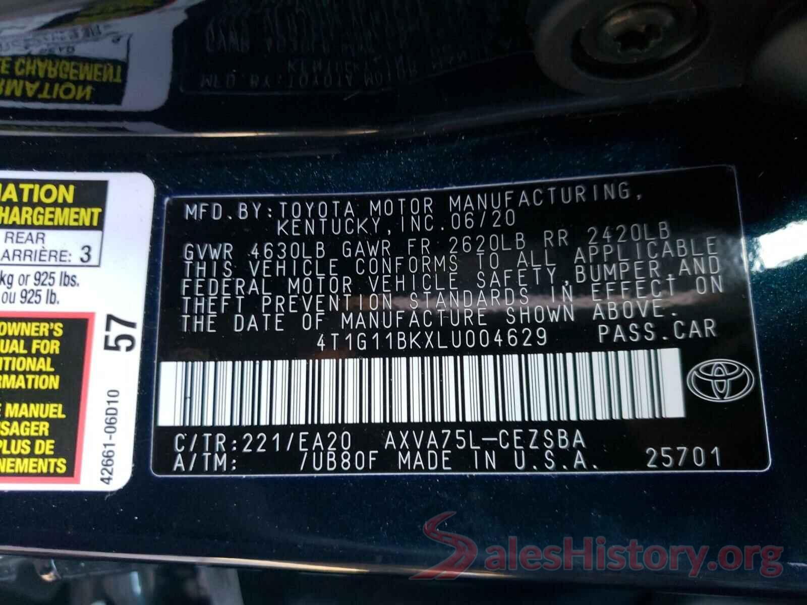 4T1G11BKXLU004629 2020 TOYOTA CAMRY