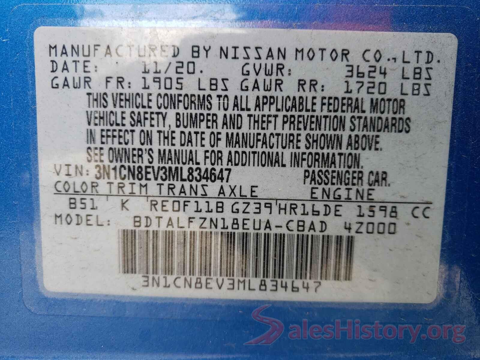 3N1CN8EV3ML834647 2021 NISSAN VERSA