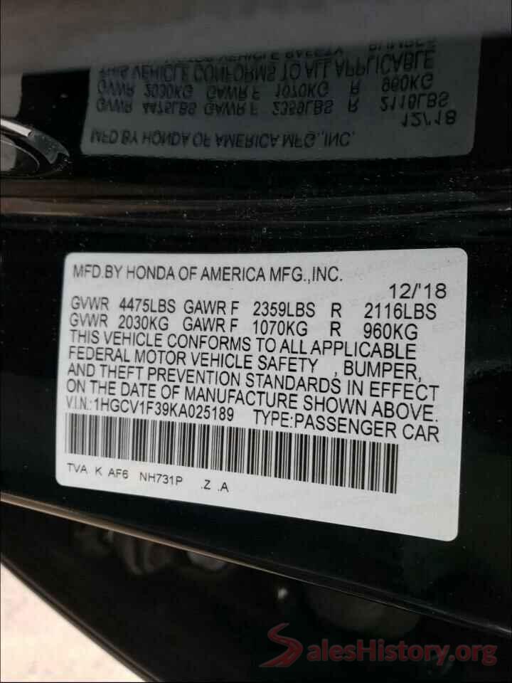 1HGCV1F39KA025189 2019 HONDA ACCORD