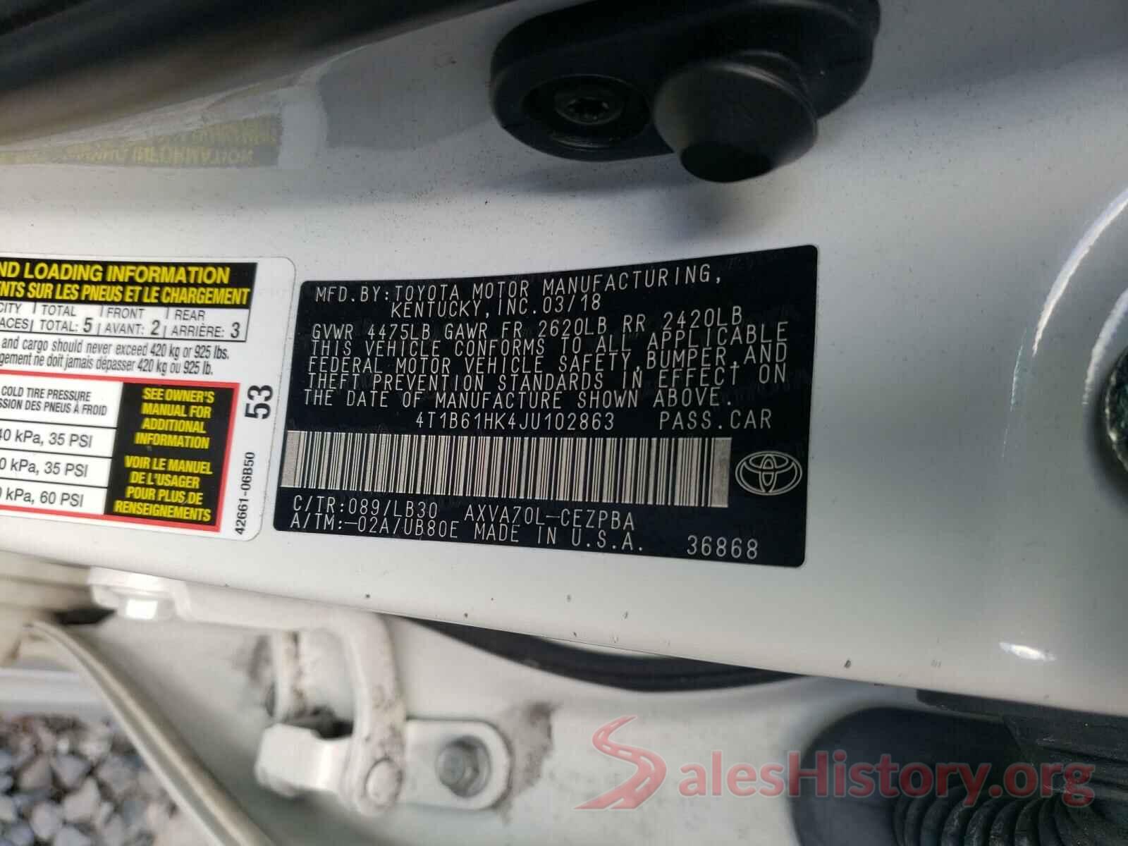 4T1B61HK4JU102863 2018 TOYOTA CAMRY