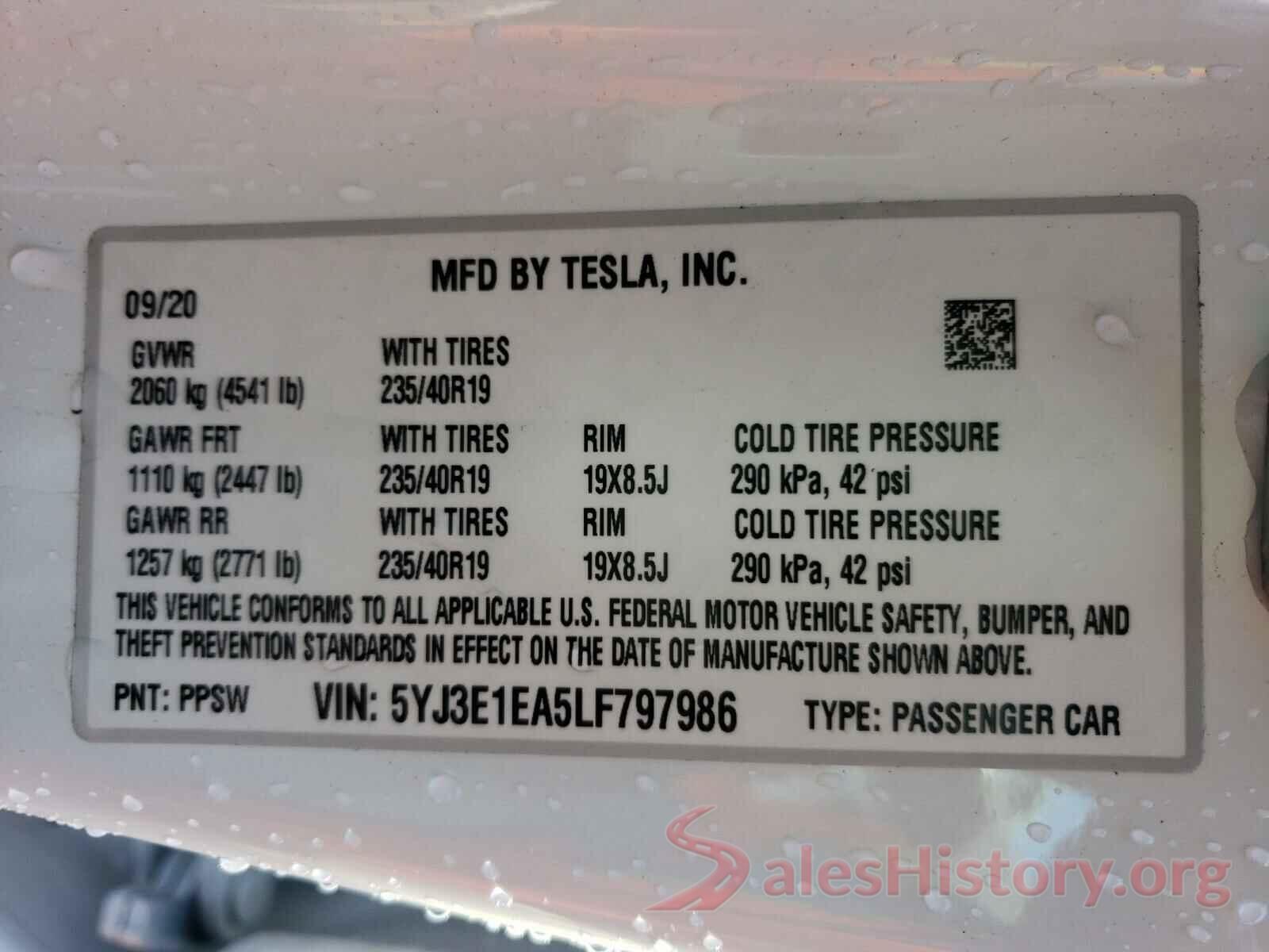 5YJ3E1EA5LF797986 2020 TESLA MODEL 3