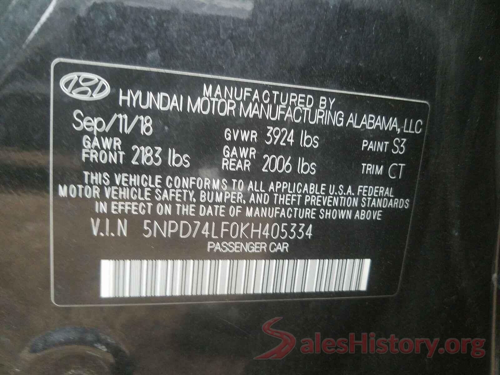 5NPD74LF0KH405334 2019 HYUNDAI ELANTRA