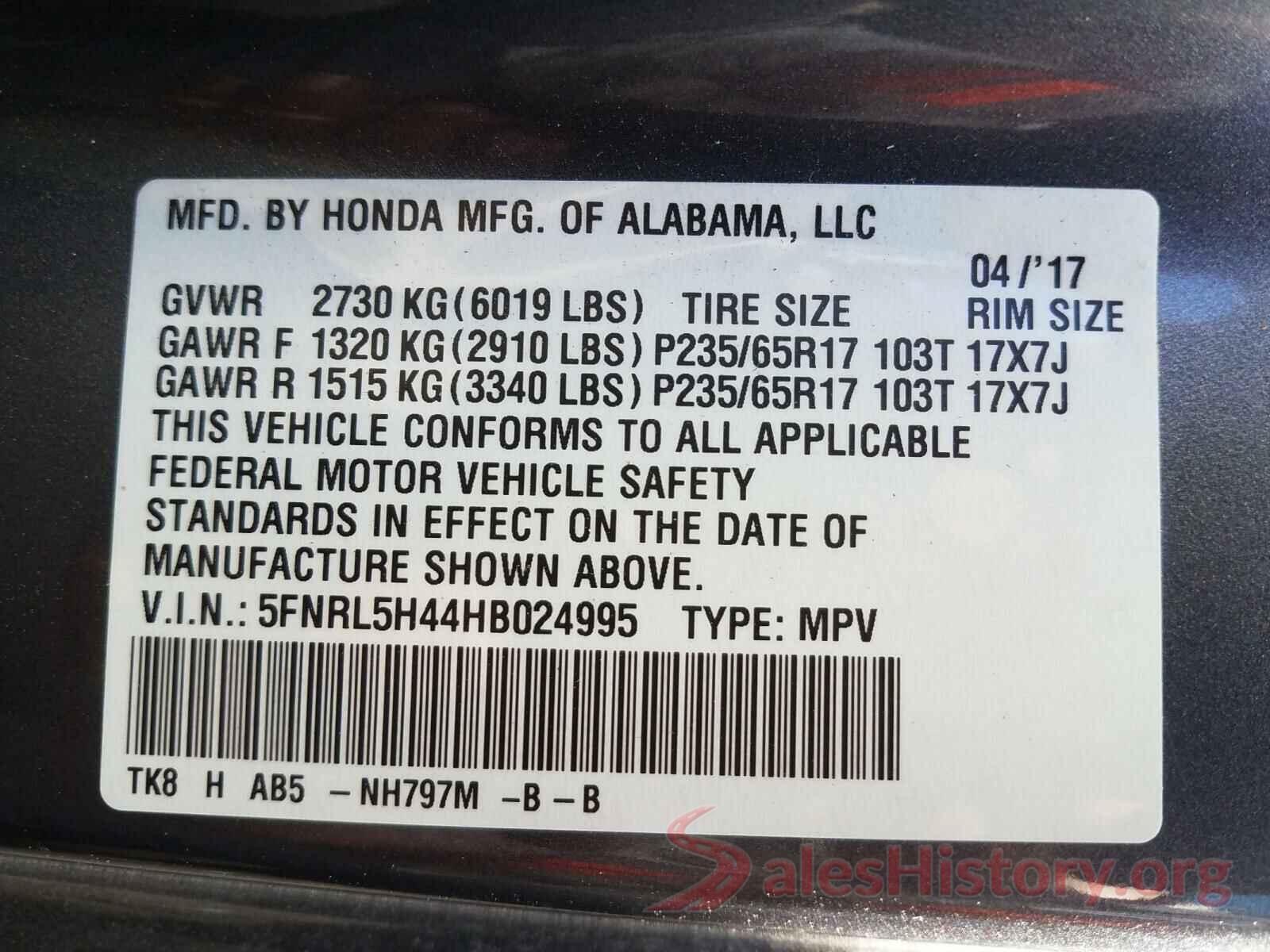 5FNRL5H44HB024995 2017 HONDA ODYSSEY