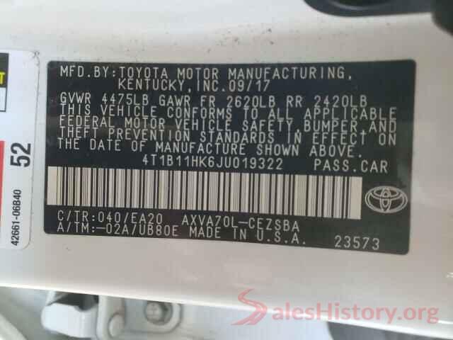 4T1B11HK6JU019322 2018 TOYOTA CAMRY