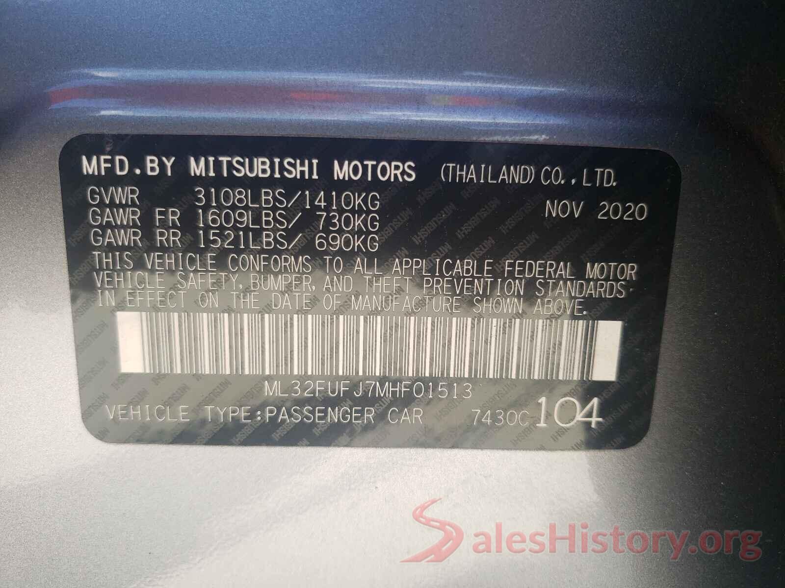 ML32FUFJ7MHF01513 2021 MITSUBISHI MIRAGE