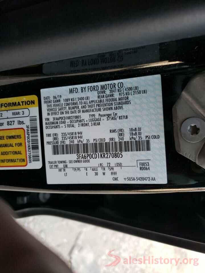 3FA6P0CD1KR270805 2019 FORD FUSION