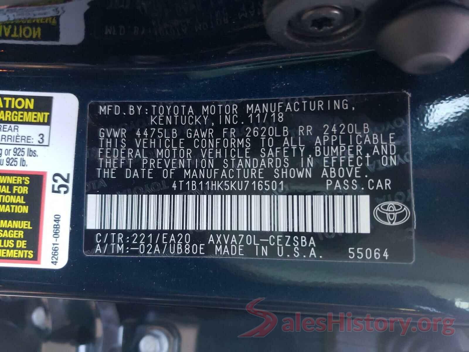 4T1B11HK5KU716501 2019 TOYOTA CAMRY