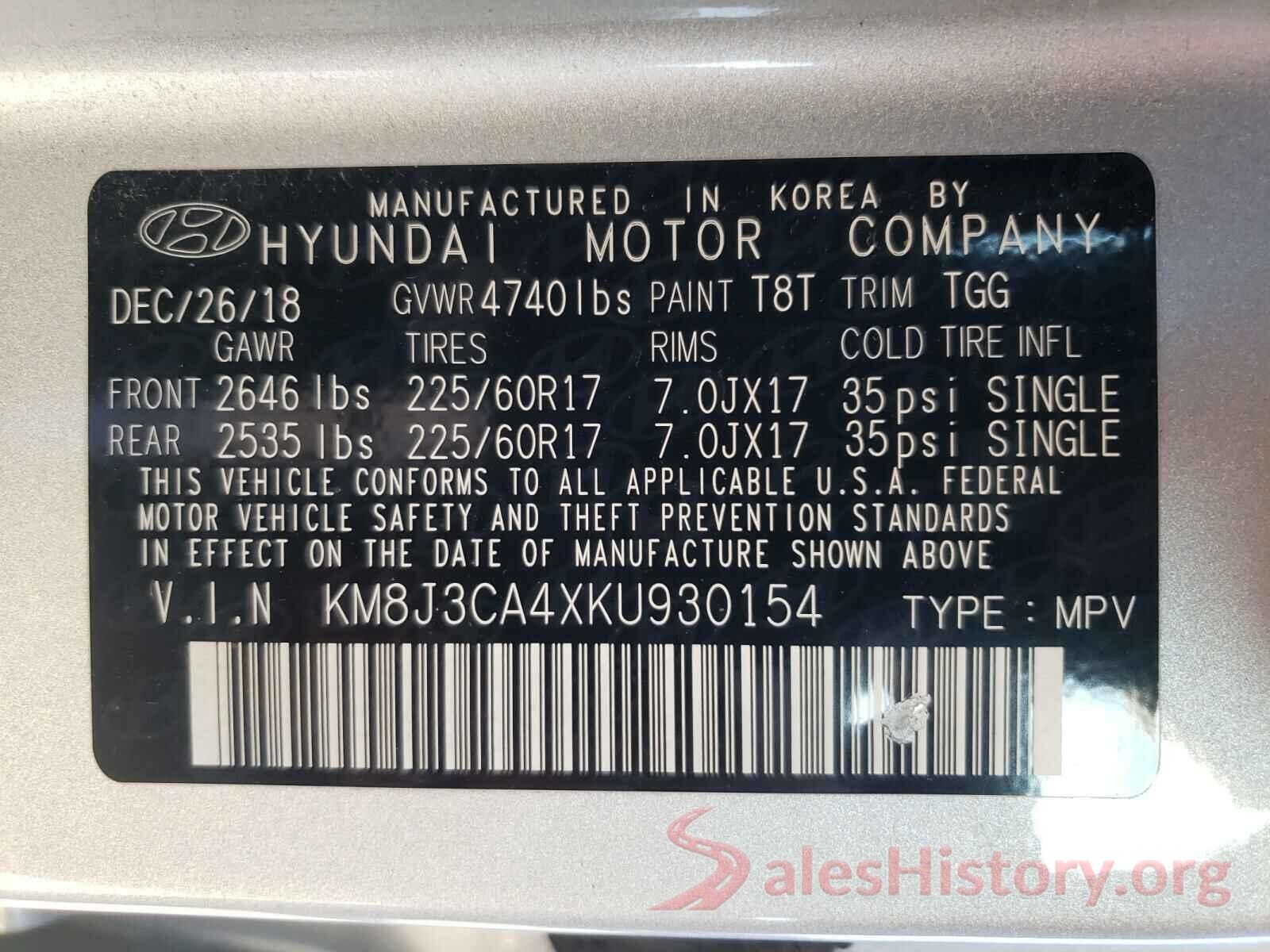 KM8J3CA4XKU930154 2019 HYUNDAI TUCSON