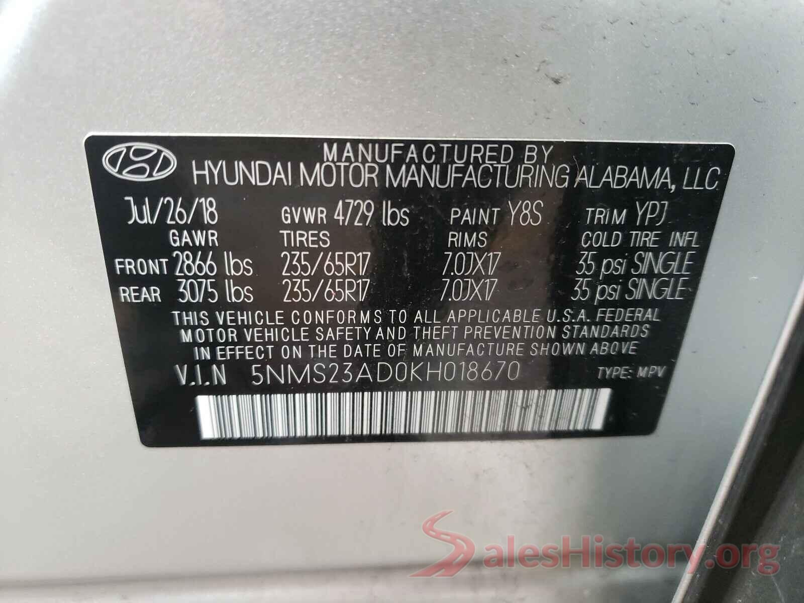 5NMS23AD0KH018670 2019 HYUNDAI SANTA FE