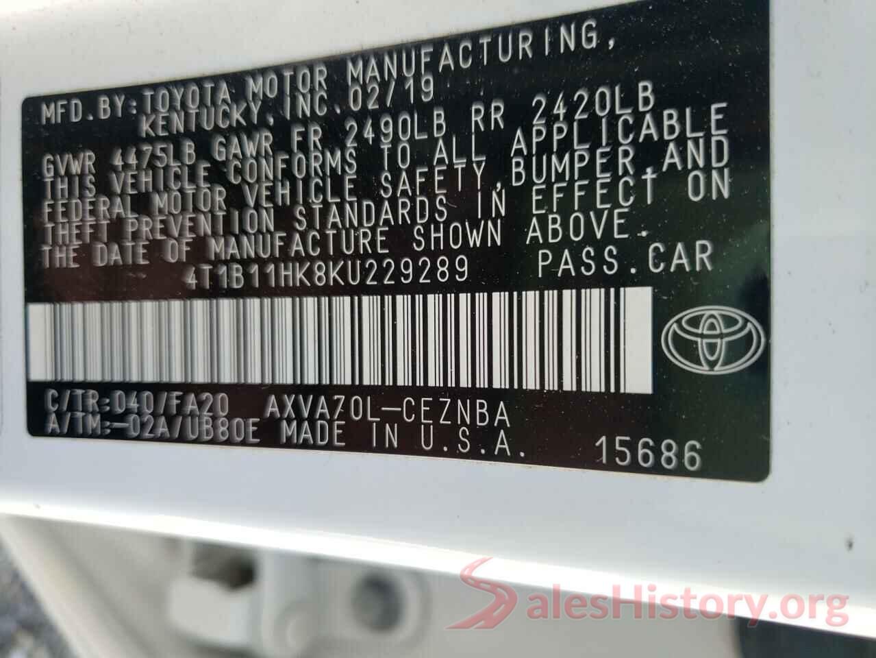 4T1B11HK8KU229289 2019 TOYOTA CAMRY