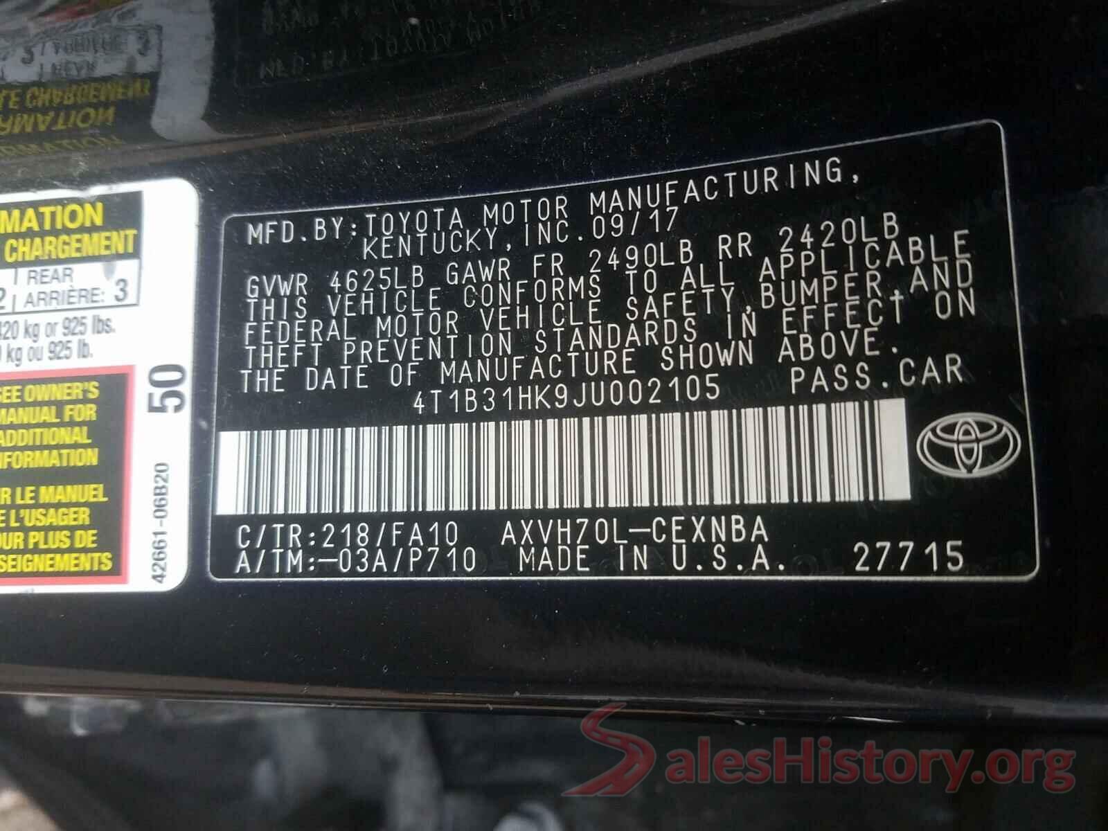 4T1B31HK9JU002105 2018 TOYOTA CAMRY