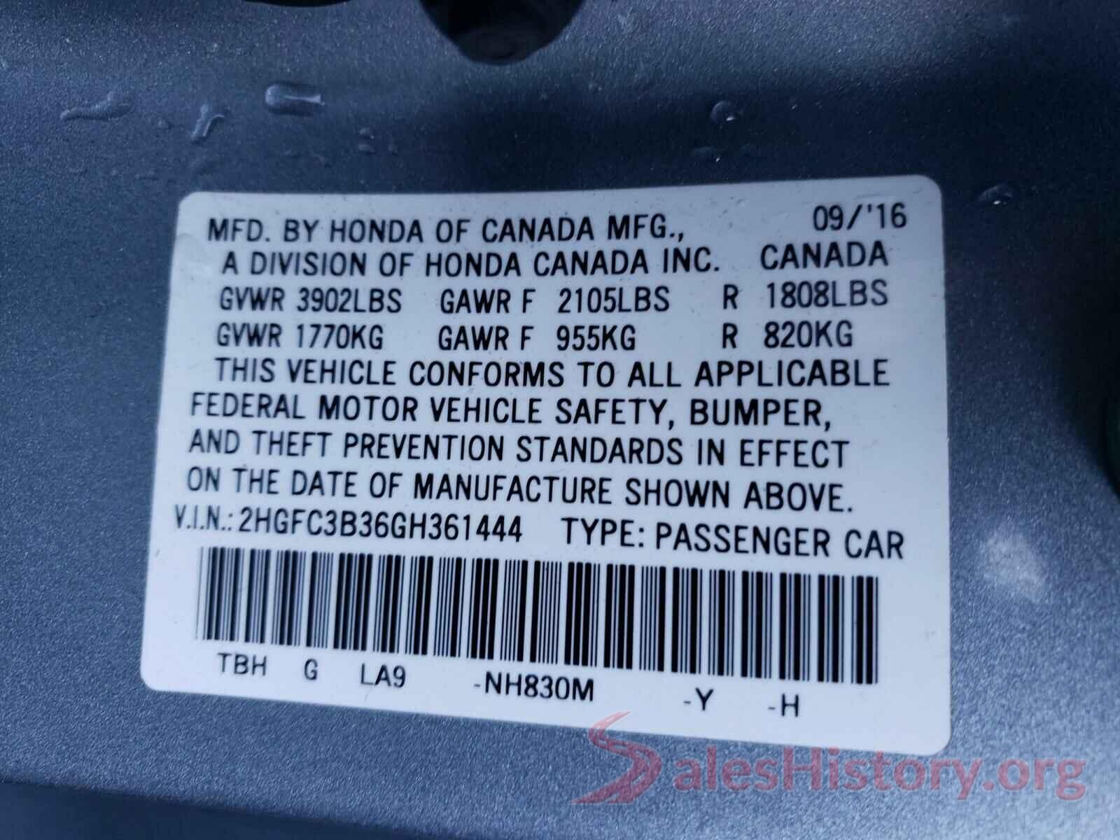 2HGFC3B36GH361444 2016 HONDA CIVIC