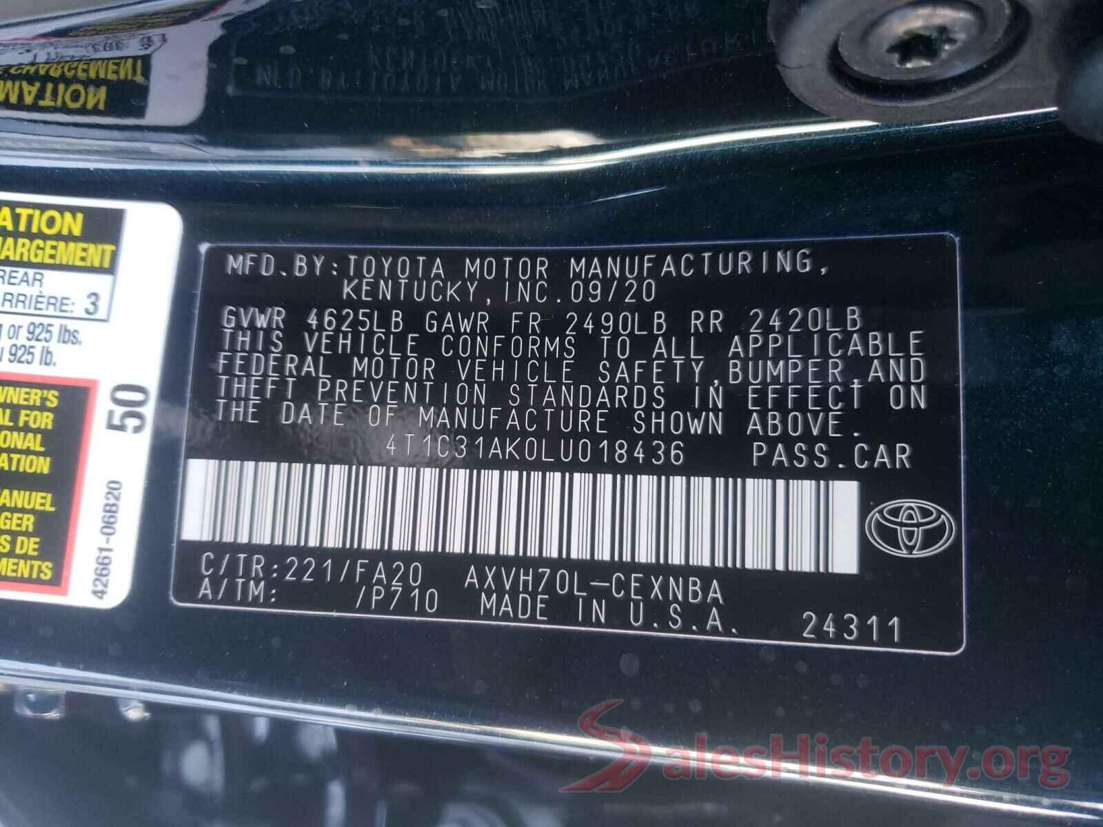 4T1C31AK0LU018436 2020 TOYOTA CAMRY