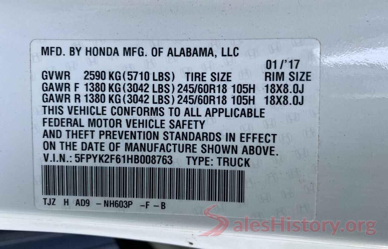 5FPYK2F61HB008763 2017 HONDA RIDGELINE