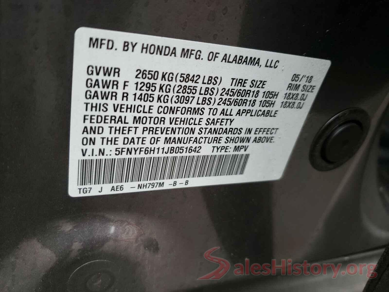 5FNYF6H11JB051642 2018 HONDA PILOT