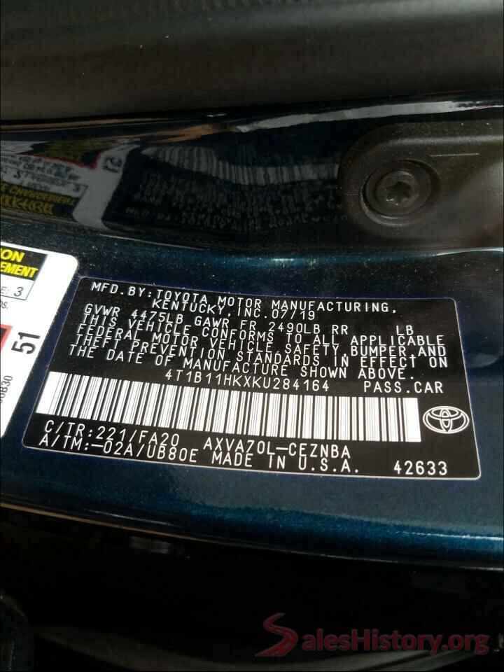 4T1B11HKXKU284164 2019 TOYOTA CAMRY