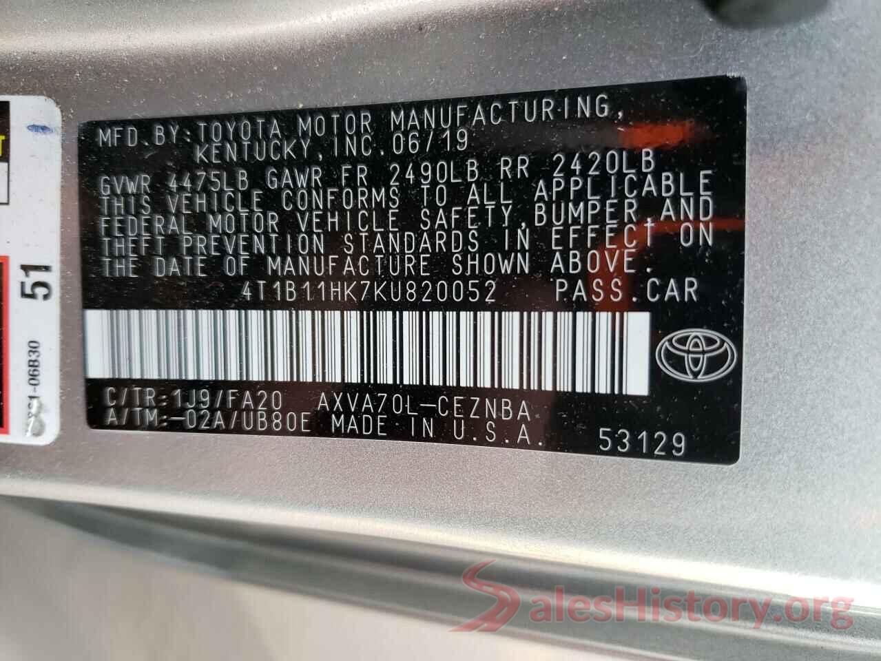 4T1B11HK7KU820052 2019 TOYOTA CAMRY