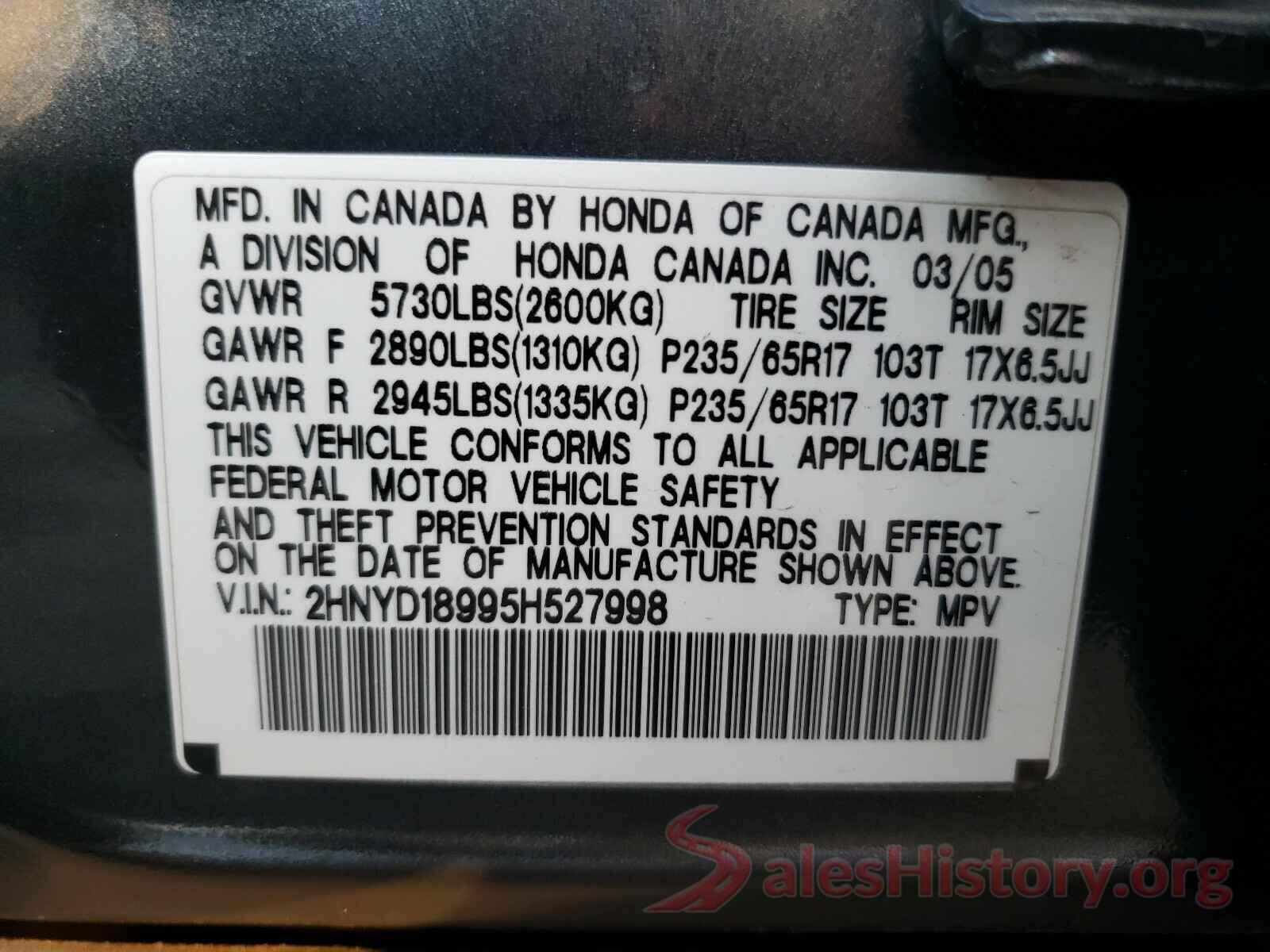 2HNYD18995H527998 2005 ACURA MDX