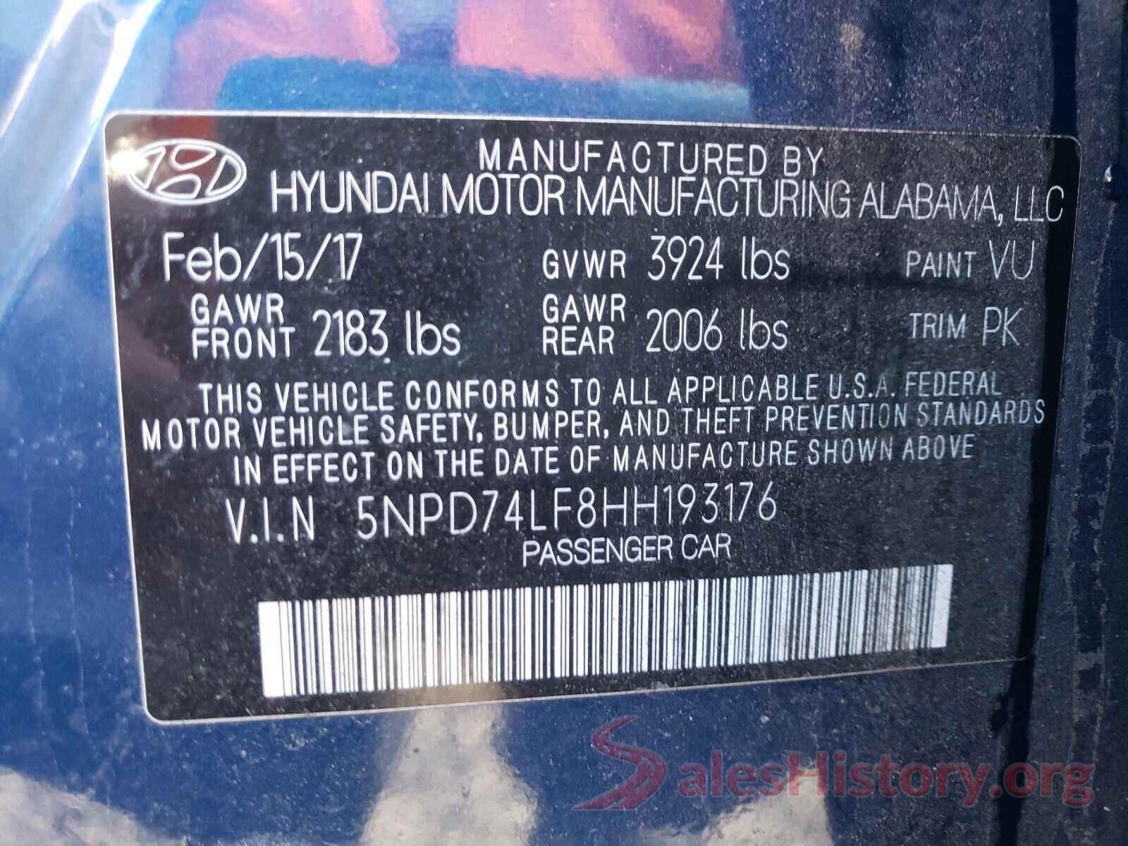 5NPD74LF8HH193176 2017 HYUNDAI ELANTRA