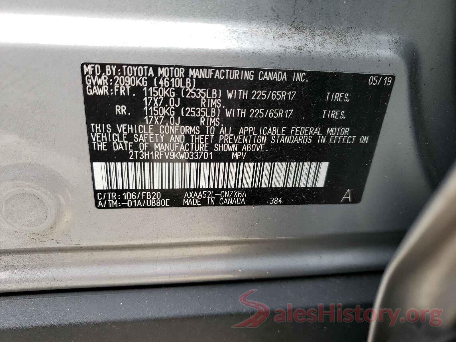 2T3H1RFV9KW033701 2019 TOYOTA RAV4