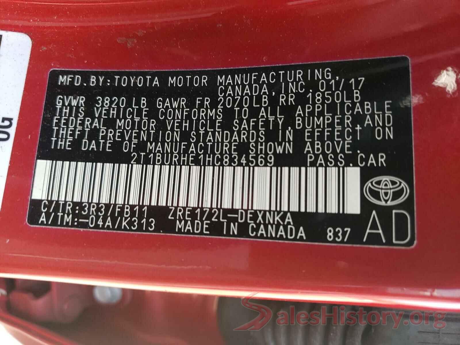 2T1BURHE1HC834569 2017 TOYOTA COROLLA