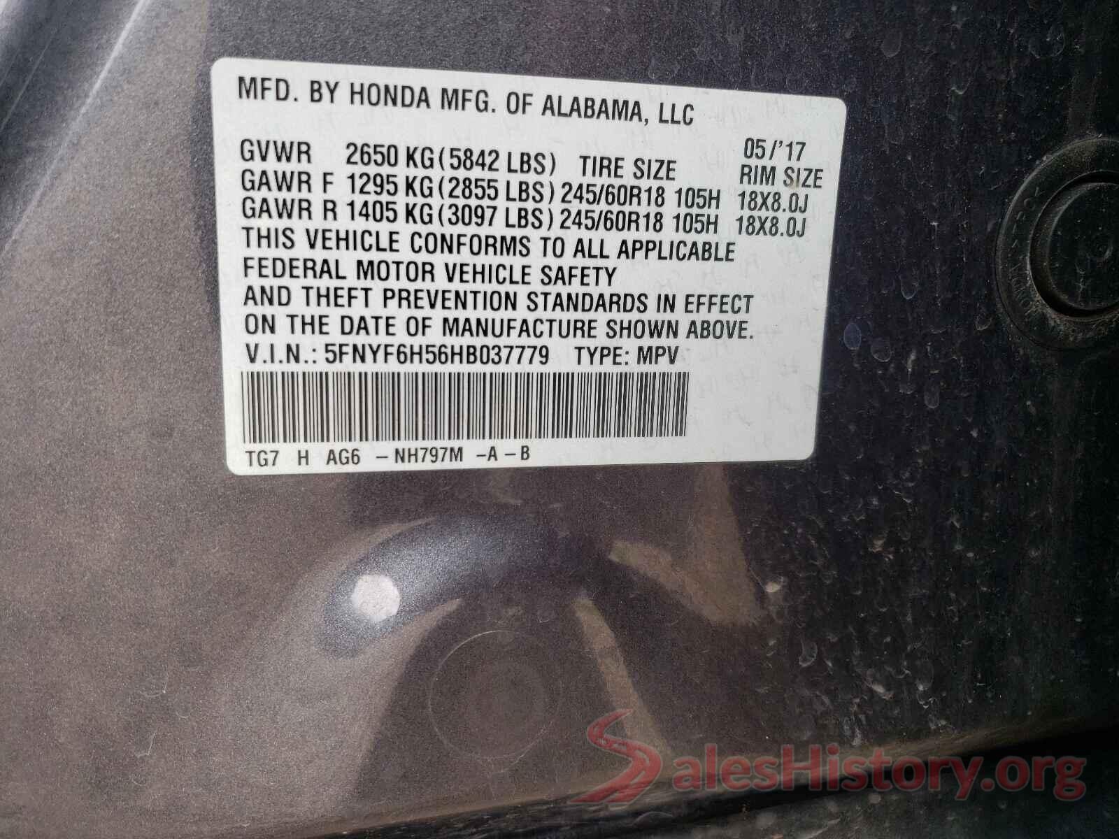 5FNYF6H56HB037779 2017 HONDA PILOT