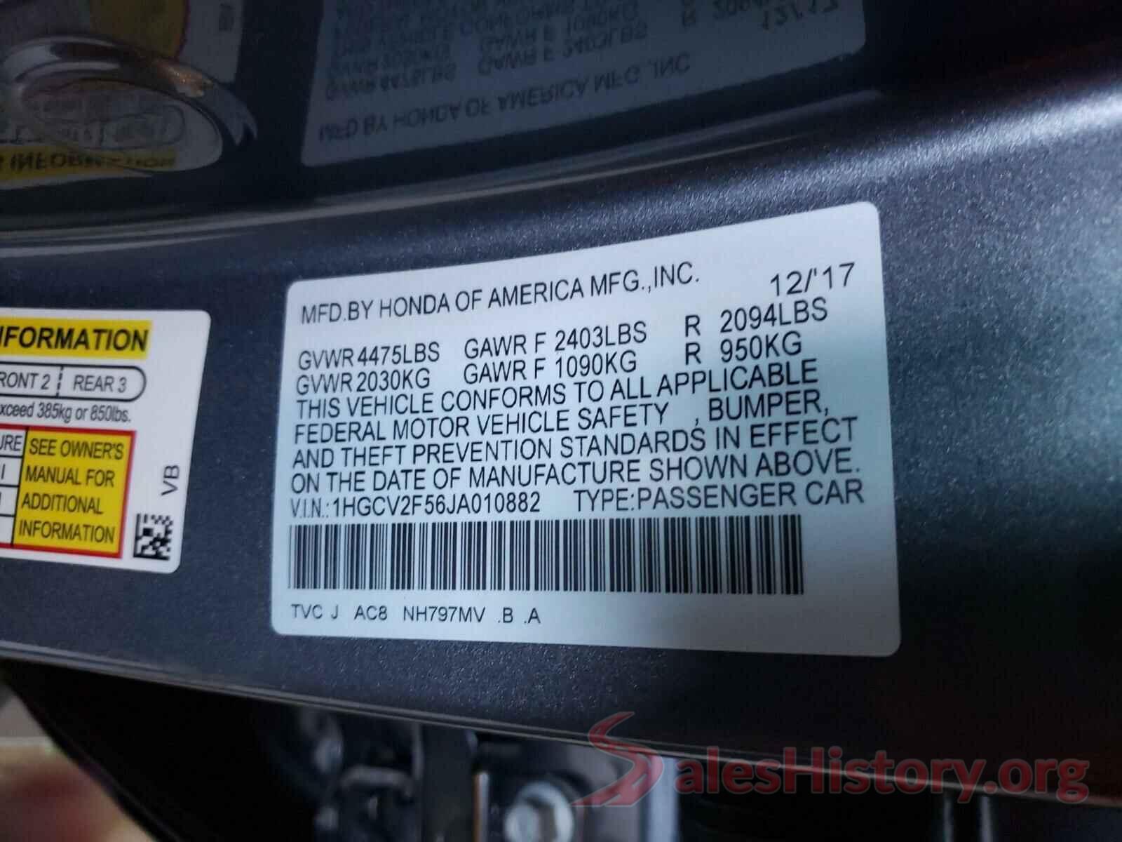 1HGCV2F56JA010882 2018 HONDA ACCORD